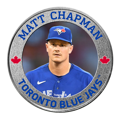 A picture of a 1 oz Toronto Blue Jays .999 Pure Silver Colorized Round- Matt Chapman